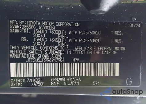 2024 Toyota 4Runner Trd Sport z USA, uszkodzony, nr VIN JTESU5JR9R6247904